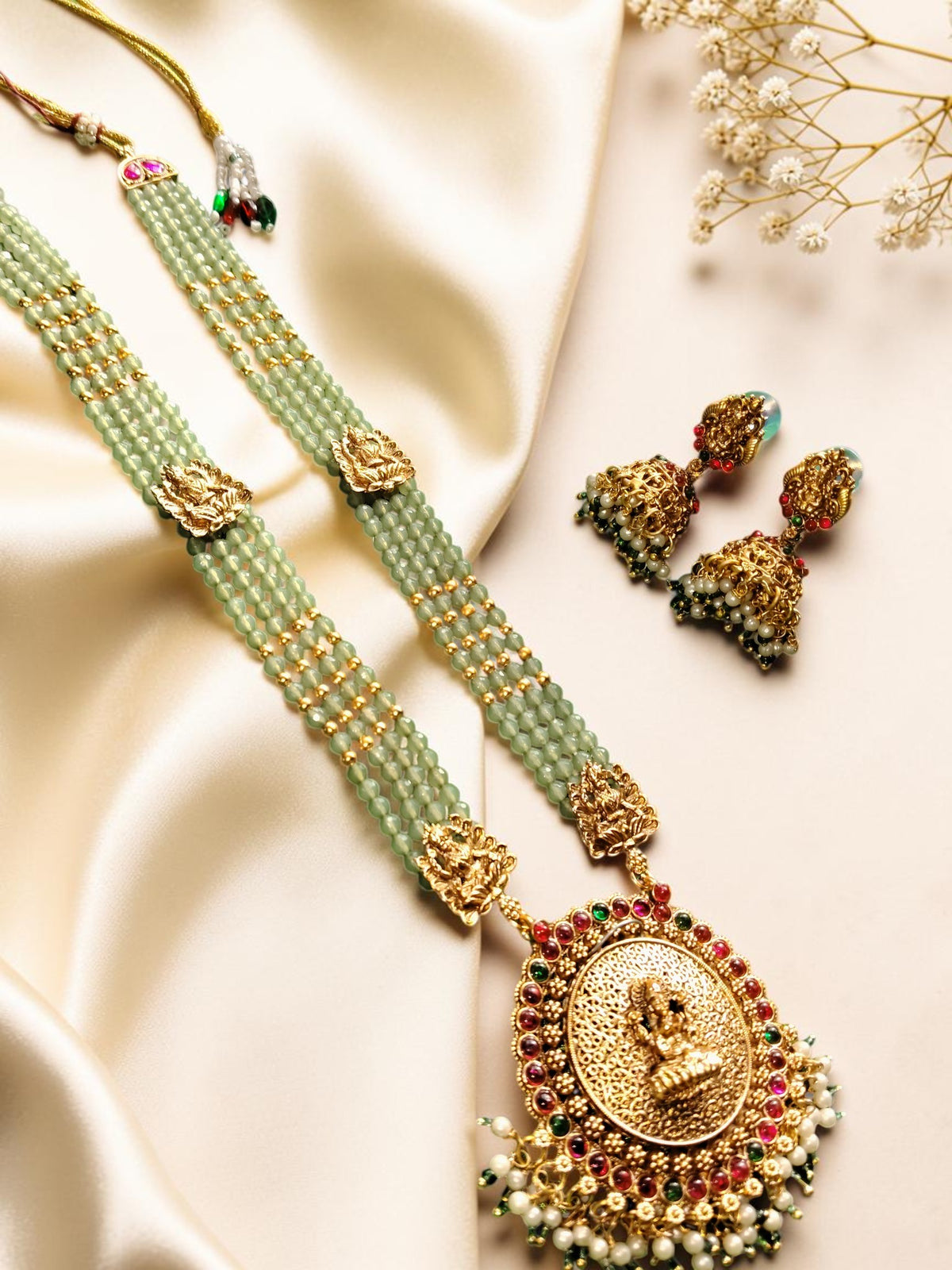 Pastel Green Temple Lakshmi Pendent Long Neclance