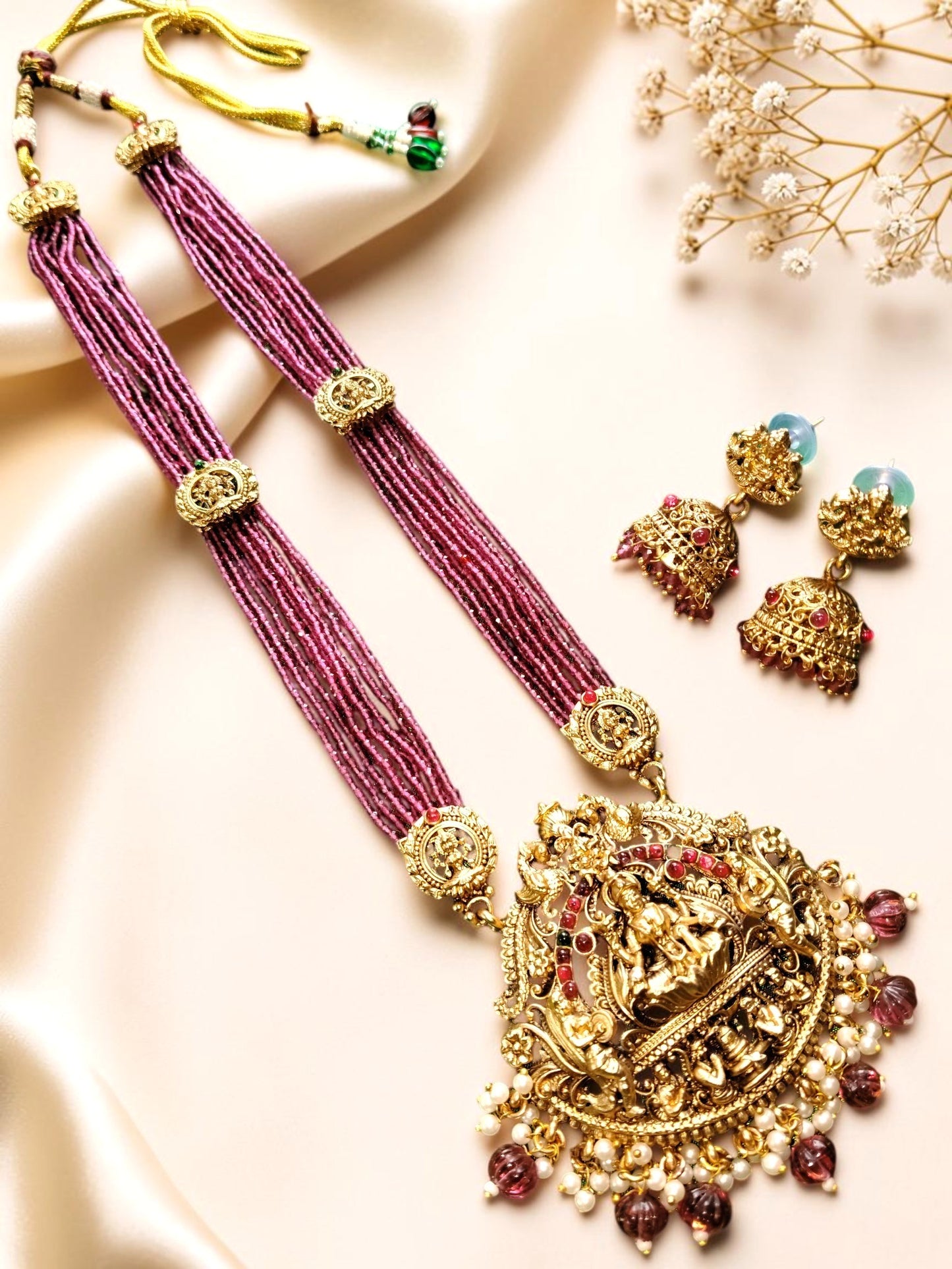 Pink Hydro Beads Raani Haar with Lakshmi Pendent