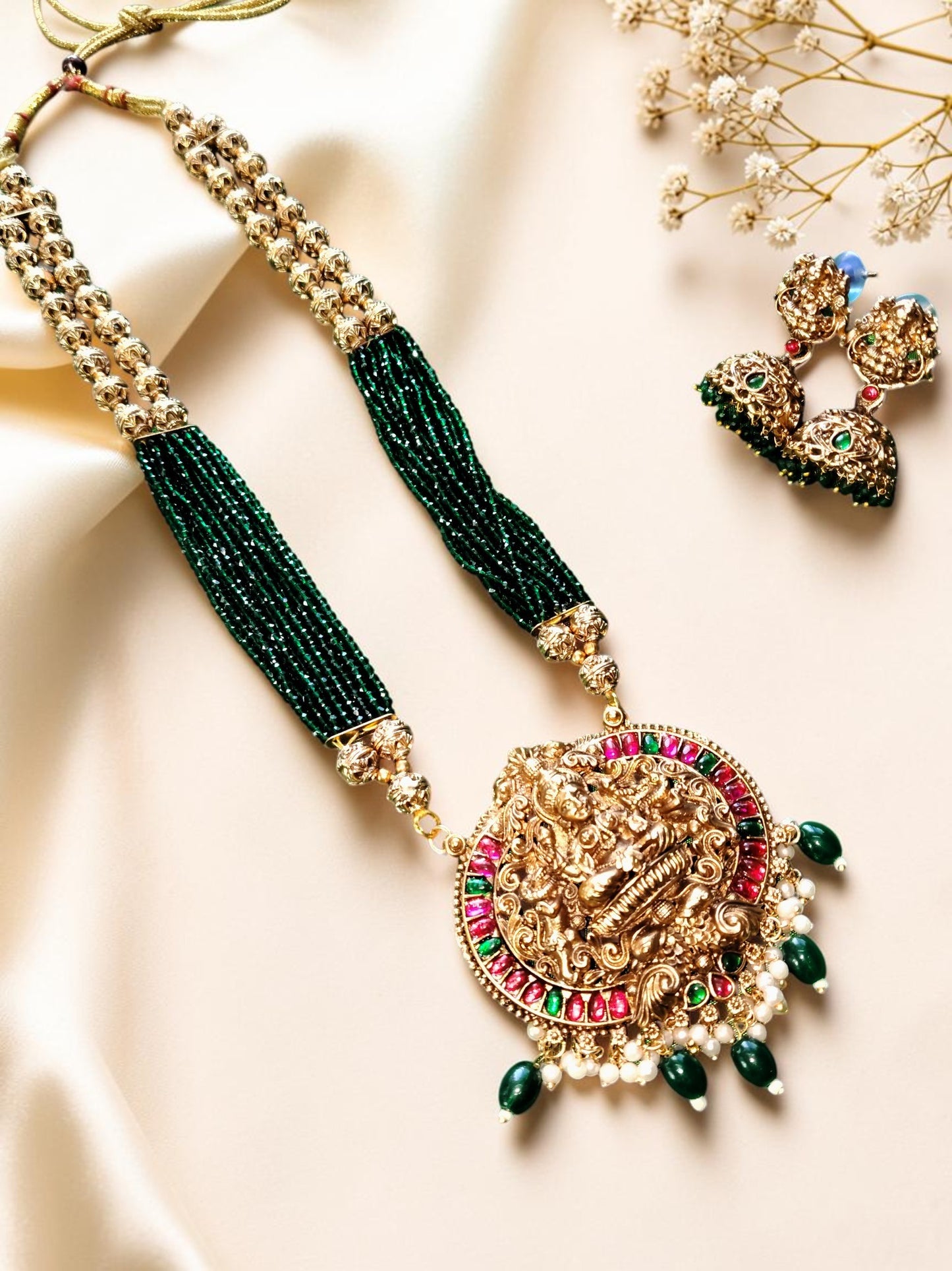 Green Hydro Beads Raani Haar with Lakshmi Pendant