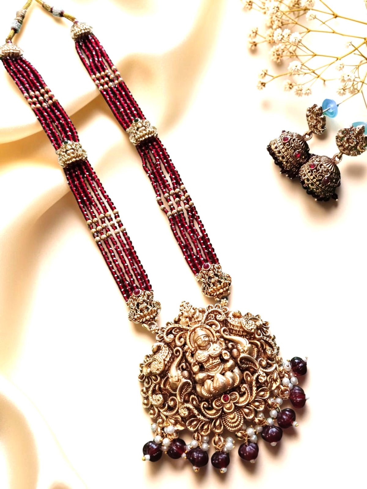 Maroon  Hydro Beads Raani Haar with Lakshmi / Lotus Pendant