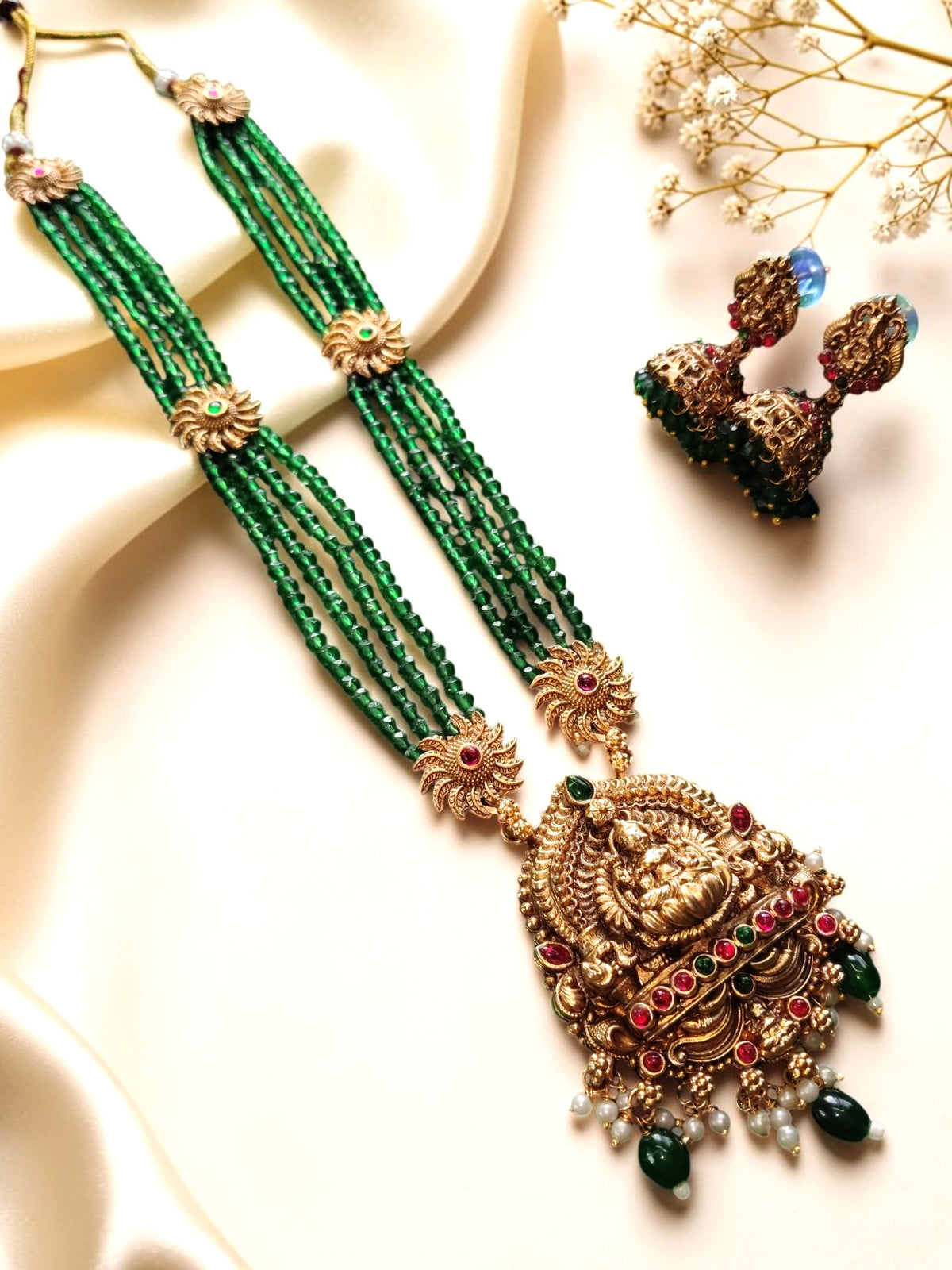 Green Hydro Beads Raani Haar with Lakshmi Pendant