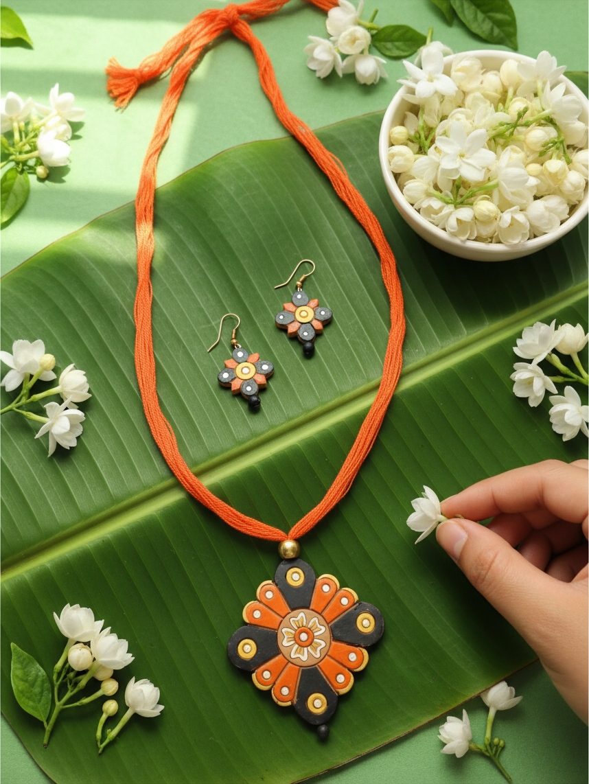 Handcrafted Orange & Black Terracotta Floral Necklace Set