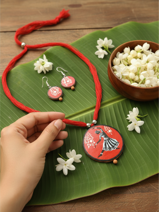 Hand-Painted Terracotta  Necklace & Earrings Set