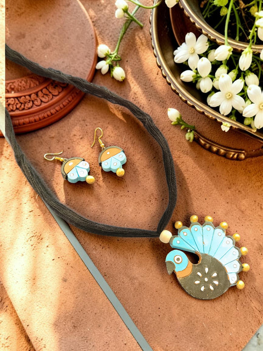Hand-Painted Peacock Terracotta Necklace & Earrings Set
