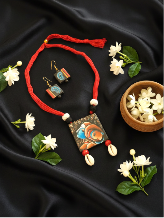 Hand-Painted Folk Art Terracotta Necklace & Earrings Set