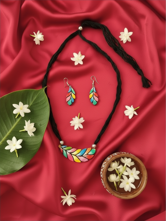 Hand-Painted Leaf Terracotta Necklace & Earrings Set