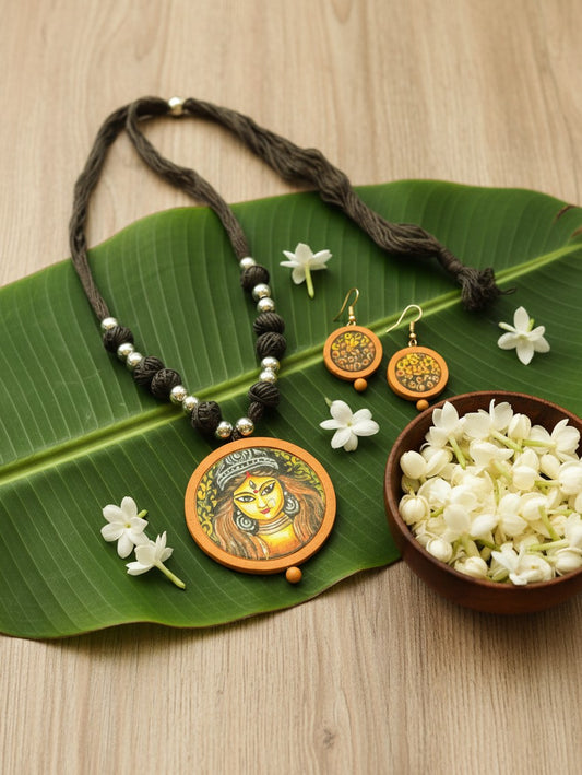 Hand-Painted Terracotta Goddess Necklace & Earrings Set