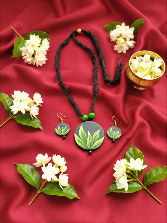 Hand-Painted Green Leaf Terracotta Necklace & Earrings Set