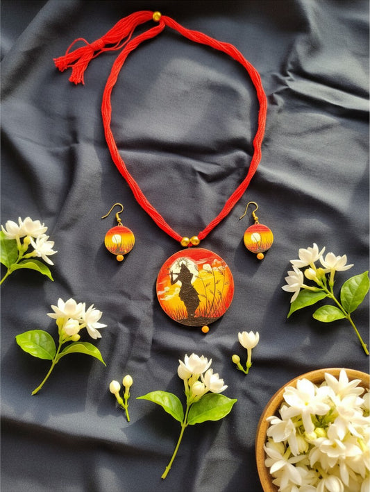 Hand-Painted    Terracotta Necklace & Earrings Set