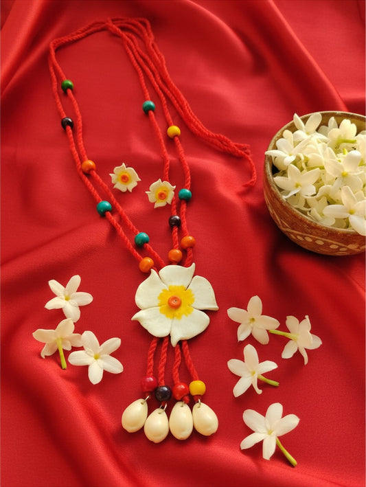 Handcrafted White Flower Clay Necklace & Earrings Set