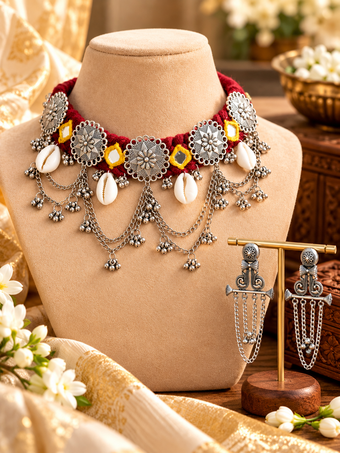 Oxidised Silver Tribal Choker & Earrings Set