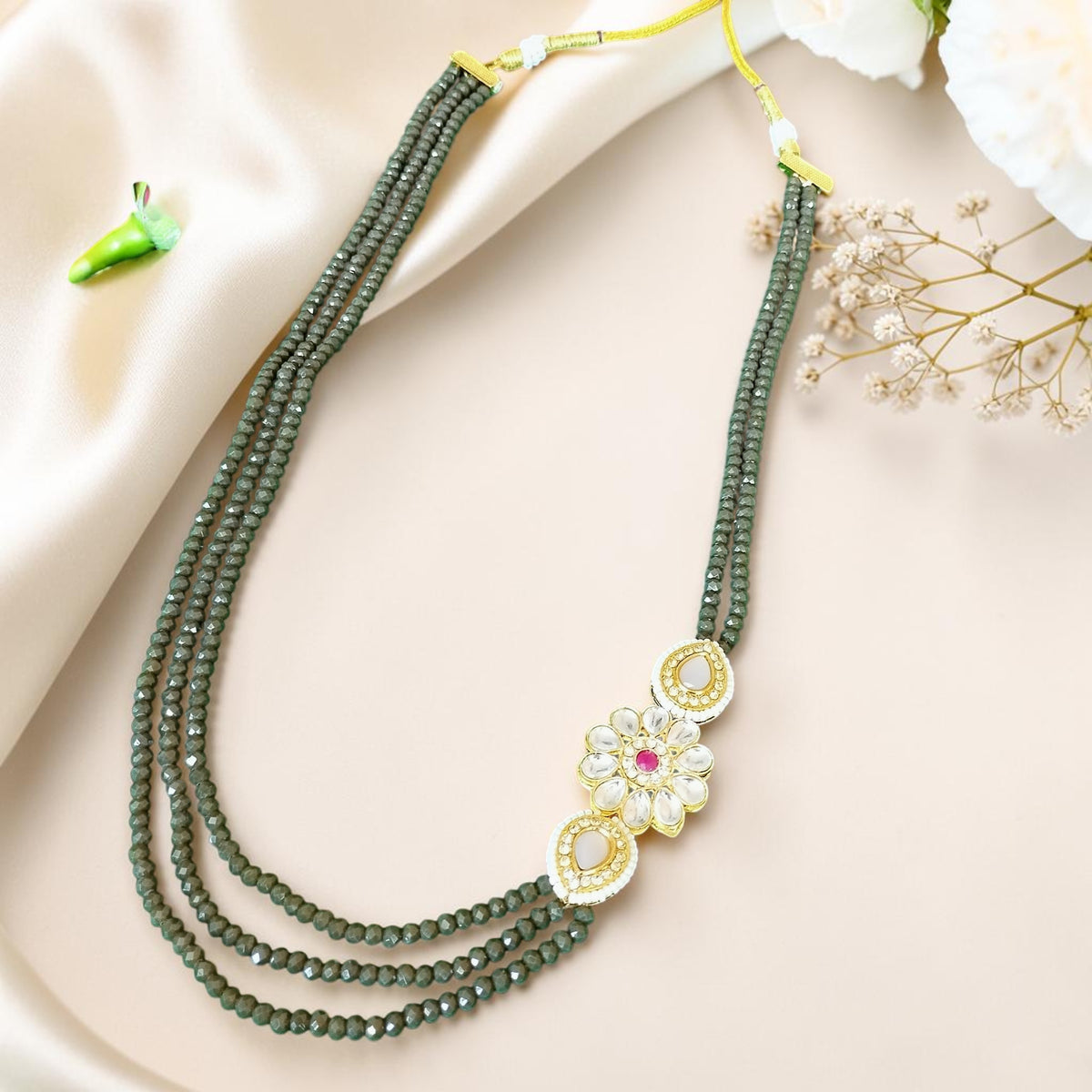 3-Layer Green Crystal Beaded Necklace with Kundan Floral Pendant