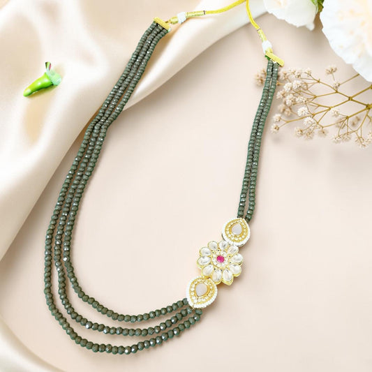 3-Layer Green Crystal Beaded Necklace with Kundan Floral Pendant