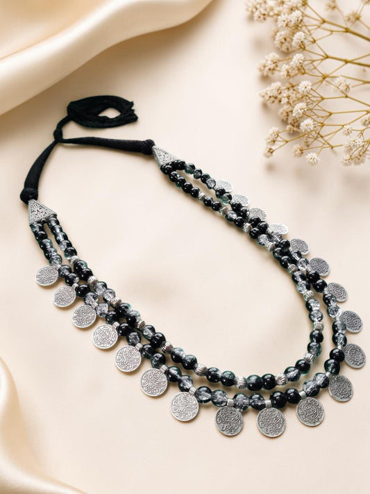 Oxidised Silver Black Beaded Coin Statement Necklace
