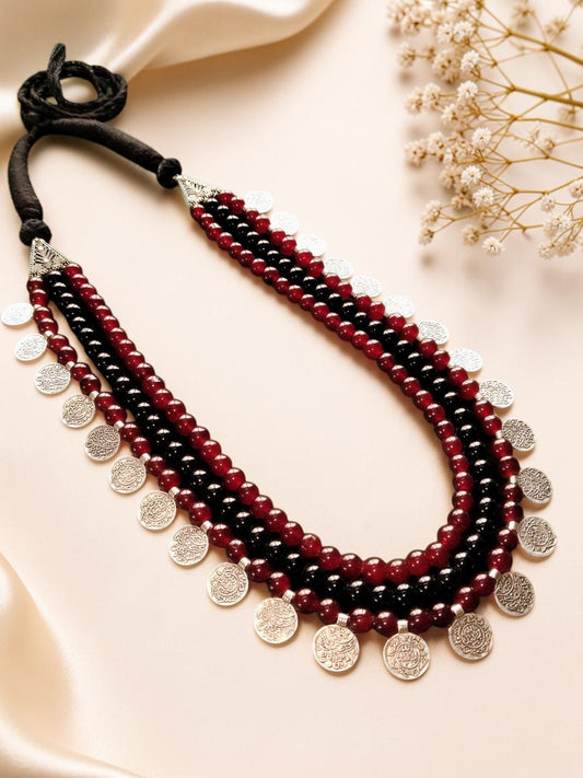 Red & Black Beaded Oxidised Silver Coin Statement Necklace