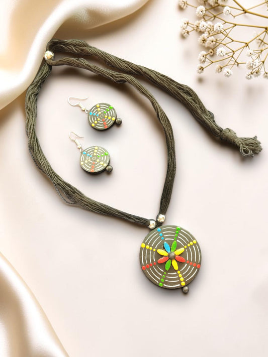 Hand-Painted  Terracotta Necklace & Earrings Set