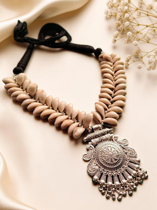 Handcrafted Cowrie Shell Oxidized Silver Statement Necklace