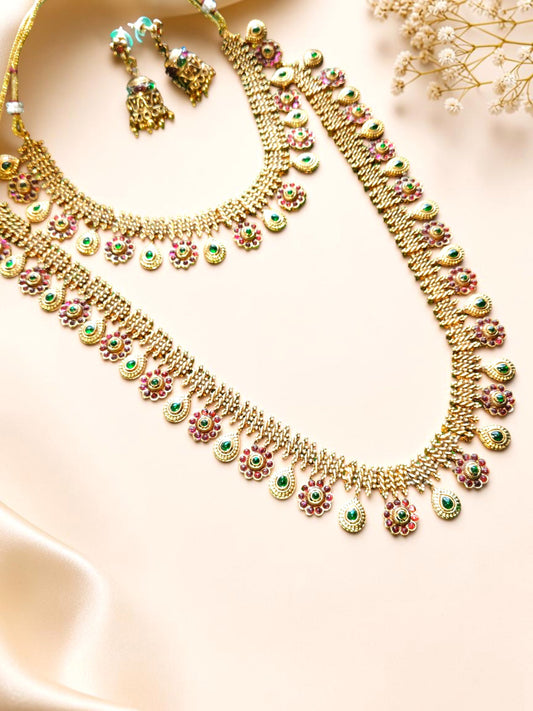 Traditional Green & Ruby South Indian Layered Necklace Set