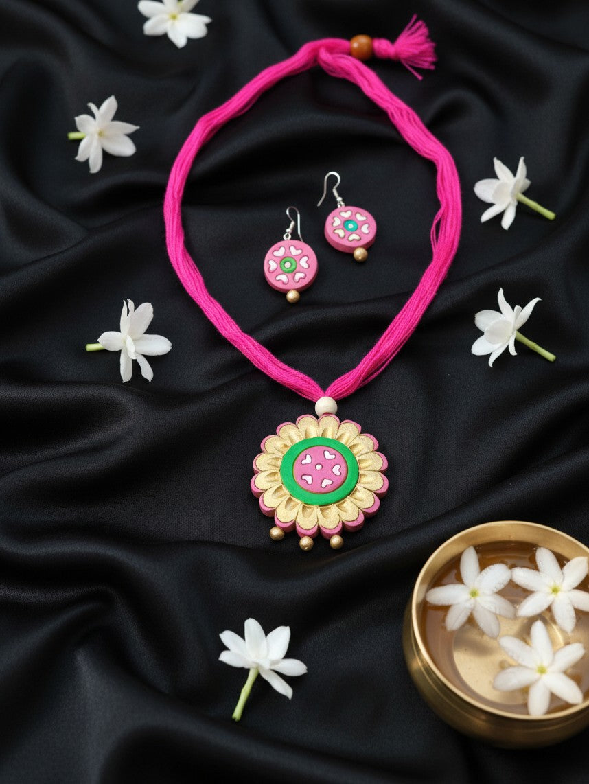 Pink Blossom Terracotta Necklace Set with Matching Earrings