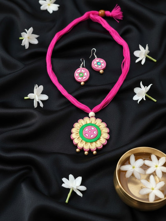 Pink Blossom Terracotta Necklace Set with Matching Earrings