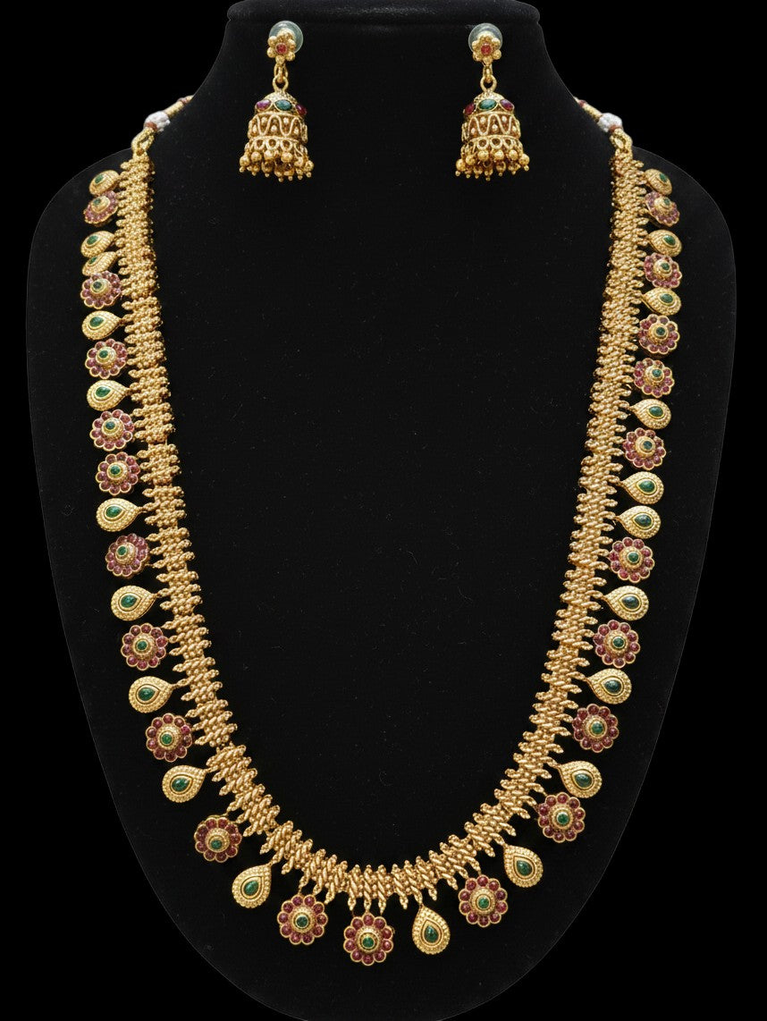 Traditional Green & Ruby South Indian Layered Necklace Set