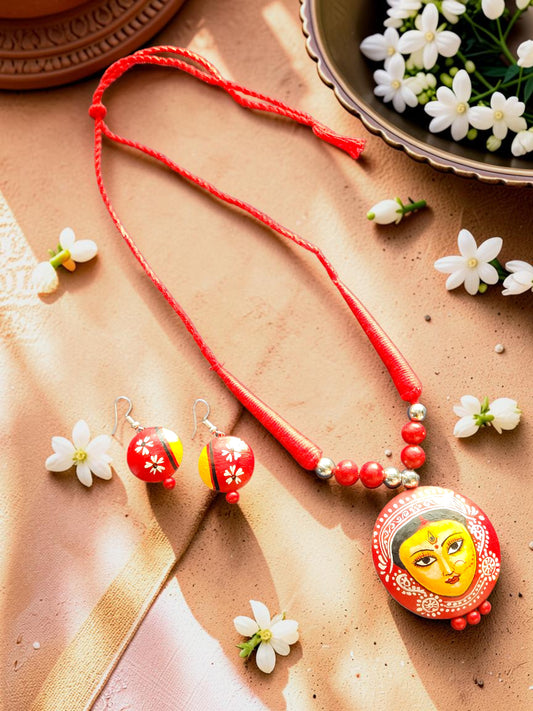 Hand-Painted Red Durga Face Terracotta Necklace & Earrings Set