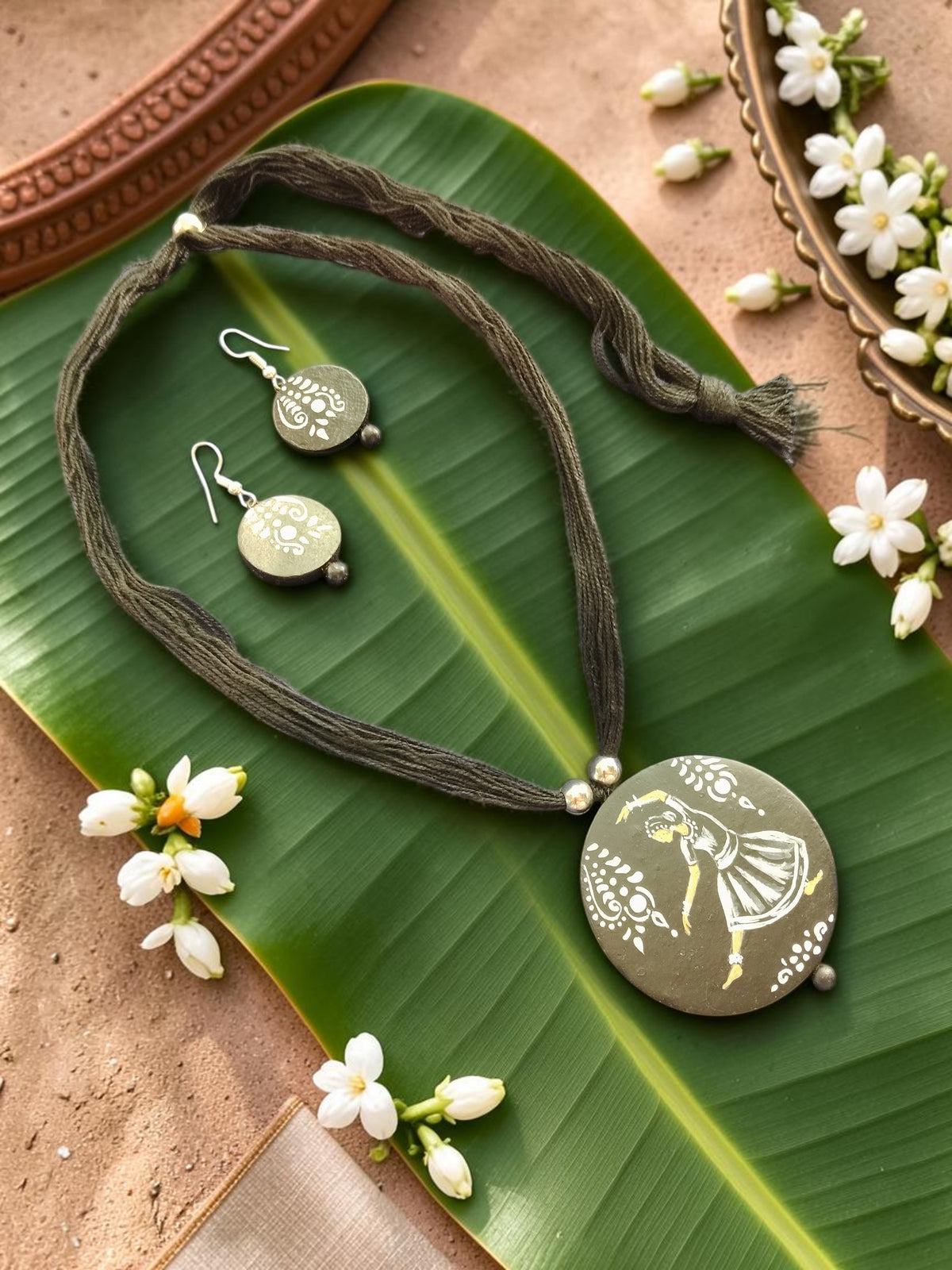 Hand-Painted Dancer Terracotta Necklace & Earrings Set