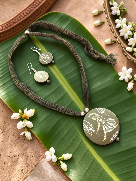 Hand-Painted Dancer Terracotta Necklace & Earrings Set