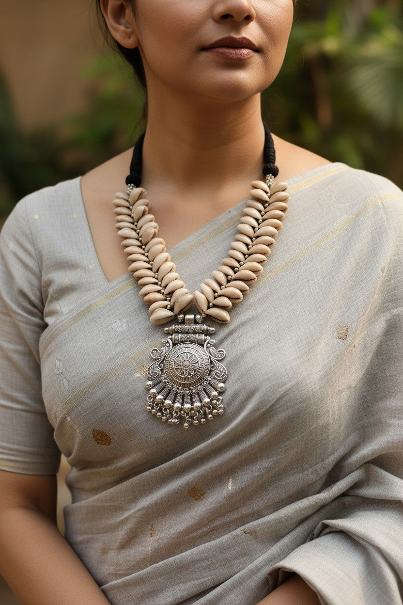 Handcrafted Cowrie Shell Oxidized Silver Statement Necklace