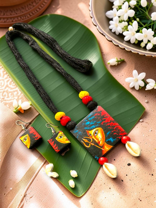 Hand-Painted Tribal Art Terracotta Necklace & Earrings Set